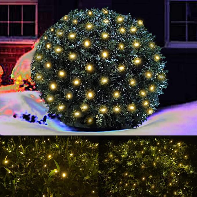LED Christmas Net Lights Outdoor Christmas Decorations for Bushes,100LED 5ftx5ft Connectable Green Wire Net Christmas Lights for Outdoor indoor Yard Mesh Shrub Tree Decor ,UL Certified(Warm White)