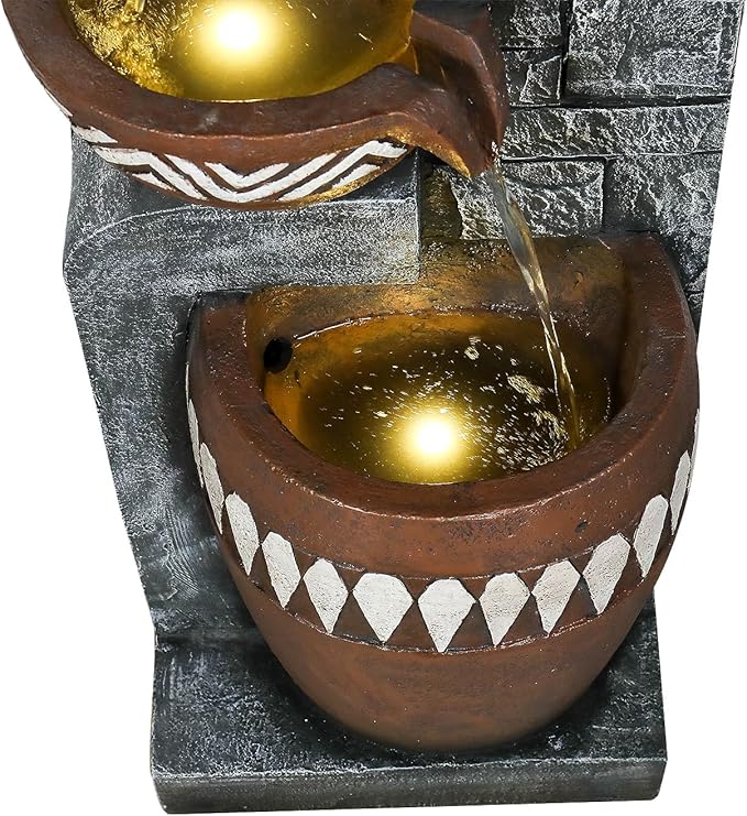 56.6in High Outdoor Indoor Water Fountain, 6-Tiered Poly-Resin Waterfall Fountain with LED Lights, Decorative Floor Standing Fountain for Garden, Patio, Yard, Home Decor