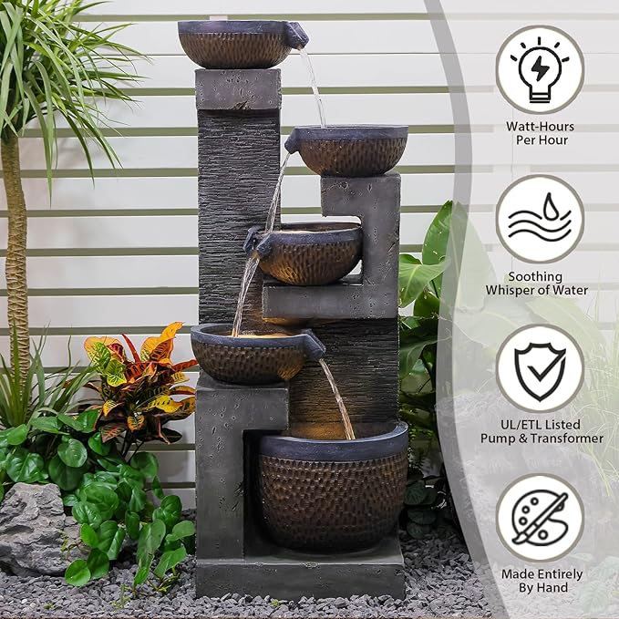 50" H Large Garden Fountains Outdoor, 5-Tier Cascading Rustic Style Bowl Water Fountain and Waterfall Feature with Light and Pump for Garden, Patio, Deck, Porch, Home Décor, Gray&Brown