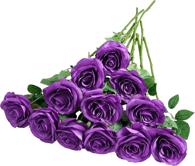 12Pcs Purple Roses Artificial Flowers Fake Roses Silk Flowers Real Touch Rose with Long Stems for Wedding Home Office Baby Shower Party Centerpieces Decorations