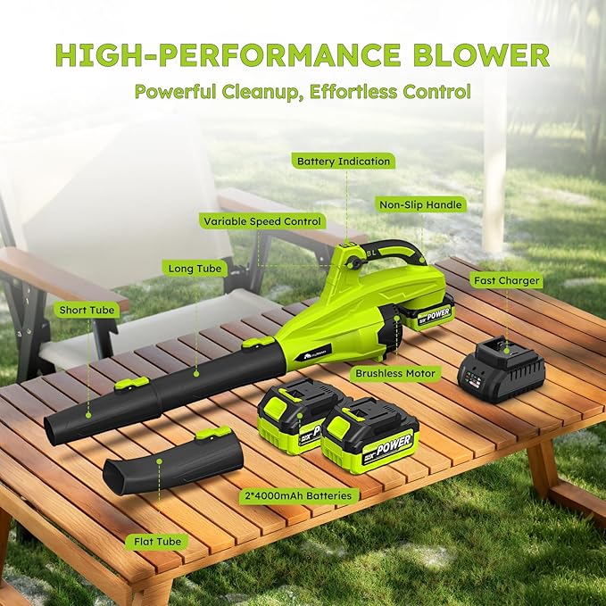 Leaf Blower Cordless with 2*4.0ah Battery and Charger,KJBAO 21V Brushless Battery Powered Blower,Electric Blowers with 650CFM&6 Speeds,Lightweight Blower for Lawn Care,Blowing Leaf,Dust, Gravel, Patio