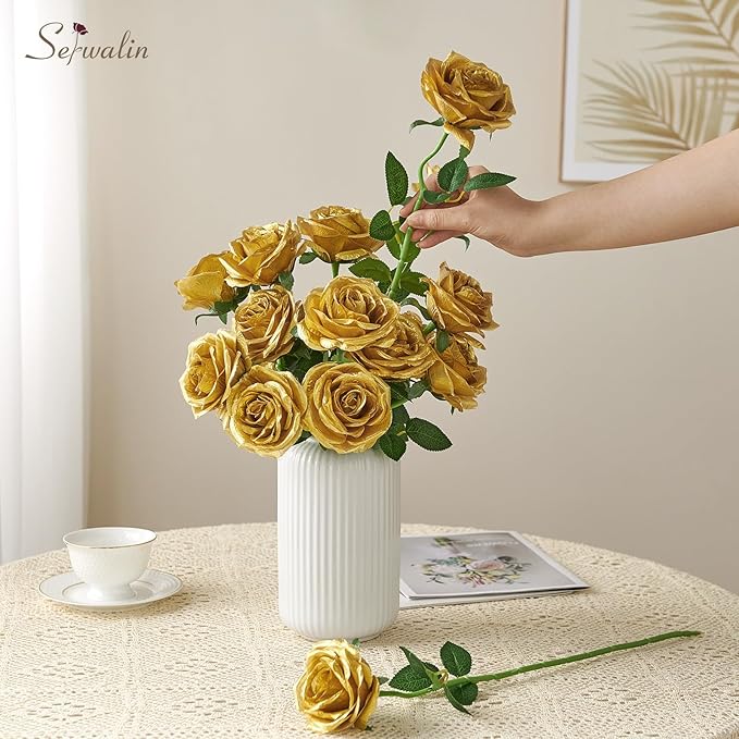 Serwalin 20pcs Artificial Gold Roses, 4'' Big Flower Head, Fake Roses Velvet Real Touch, Silk Roses Long Stems Realistic Bouquet for Wedding Parties Table Centerpiece and Home Decor