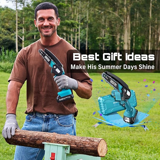 Seesii Mini Chainsaw, 6-inch Mini Chainsaw Cordless, Handheld Electric Power Chain Saw with 2 Batteries, for Tree Trimming Wood Cutting, Best Gifts for Father, Dad, Husband, Men