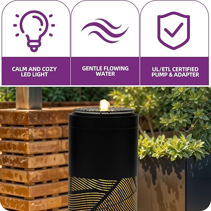 23.6" H Modern Metal Cutout Geometric Patterns Outdoor Water Fountain with LED Lights, Black Bird Bath Garden Fountain, Soothing Water Flow Creates Tranquil Ambiance for Patio, Deck, Porch Décor