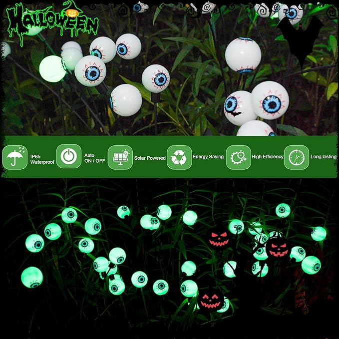 TONULAX Halloween Decorations Outdoor, 2 Pack Upgraded Solar Scary Eyeball Lights with Dual Lighting Modes, Swaying Firefly Lights, Solar Pathway Light for Yard, Garden,Yard Decor, Party (Green)