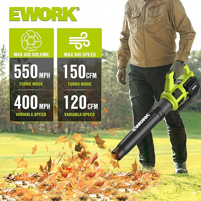 EWORK 21V Cordless Leaf Blower, Powerful Turbo Mode & 550 CFM, 2×3.0Ah Batteries & Fast Charger, Lightweight Electric Leaf Blowers for Lawn Care, Patio, Leaves & Dust