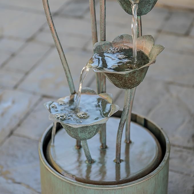 XBrand Sculptural Freestanding Metal Multi-Tiered Water Fountain w/Flowers, No LED Lights, Silver, 35" Tall