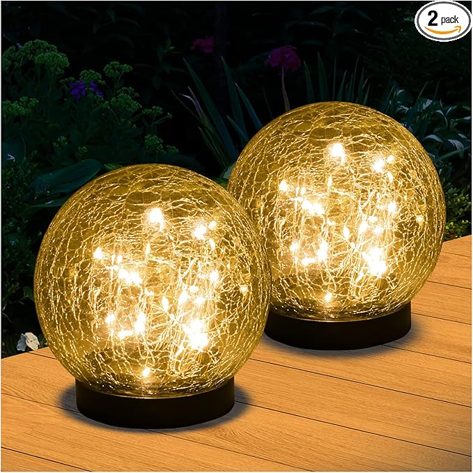 Solar Lights Outdoor Garden Decorative - 2 Pack Solar Globe Lights Upgrade Waterproof with 30 LEDs Cracked Glass Ball Lights for Yard Patio Pathway Lawn Outside Decor (4.73") Warm White