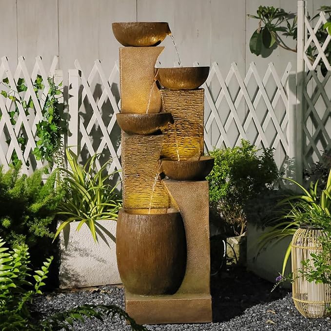 51.4" H Large Water Fountain Outdoor&Indoor, 5-Tiers Cascading Modern Feature Crocks Garden Fountains and Waterfalls with Warm Lights for Porch, Deck, Patio, Home Décor (Brown)