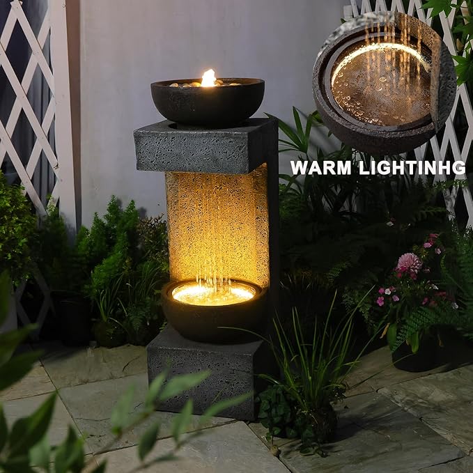33.9" Waterfall Fountain Outdoor with LED Lights – Modern Rain Curtain Resin Garden Waterfall and Fountains, Bowl Design Outdoor Water Feature for Patio, Porch, Backyard, Lawn & Home Decor