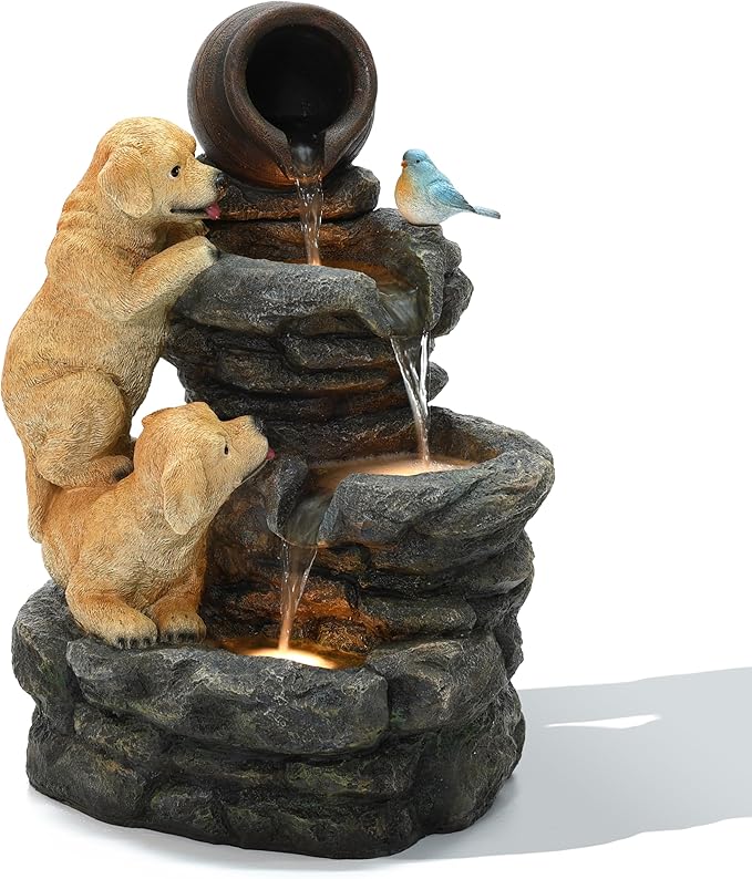 LuxenHome Outdoor Water Fountain, 26 Inch Puppy and Rock Resin Water Fountains Indoor with LED Lights, Farmhouse Waterfall Outdoor, Indoor Fountains and Waterfalls for Patio, Garden Decor