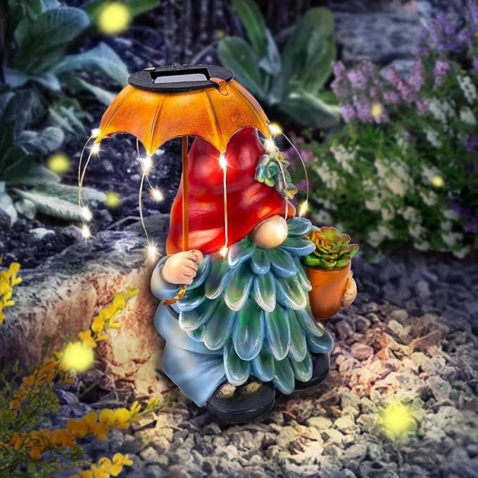 Solar Outdoor Statues Gnome Garden Decor, Garden Gnome with Solar LED Umbrella Decorative for Patio, Balcony, Lawn, Yard Ornament - Unique Gardening Gifts for Mom Grandma