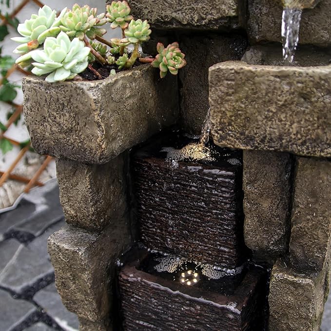 YZM 42.72" H Modern Stacking Bricks Water Fountain Outdoor Cascading Waterfall Fountains with Led Lights for Gardens Landscaping Patios Balconies and Lawns Decor for Outside