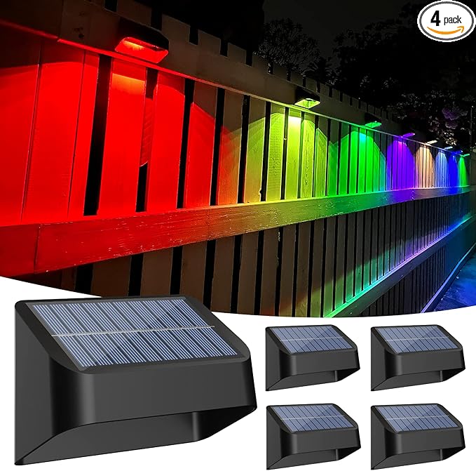 Brighter Solar Fence Lights 4 Pack, RGB 8 Colors, Dusk to Dawn Deck Light, Fence Solar Lights Outdoor IP65 Waterproof, Solar Outdoor Lights for Backyard/Railing/Wall/Step/Patio
