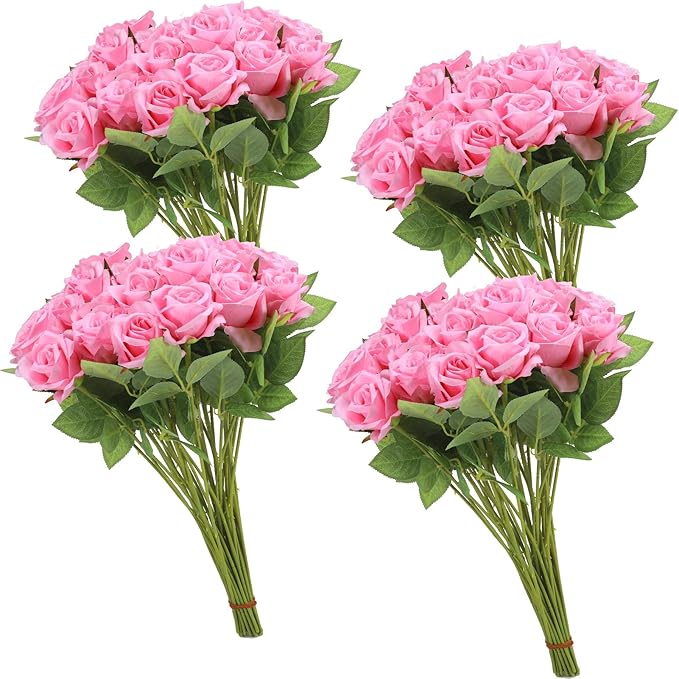 36 Pcs Silk Pink Roses Bouquet Bridal Artificial Flowers Mothers Day,Fake Rose Long Stem Realistic Artificial Flowers Bulk for Wedding Bouquet Ball Arrangement Centerpiece Party Decor