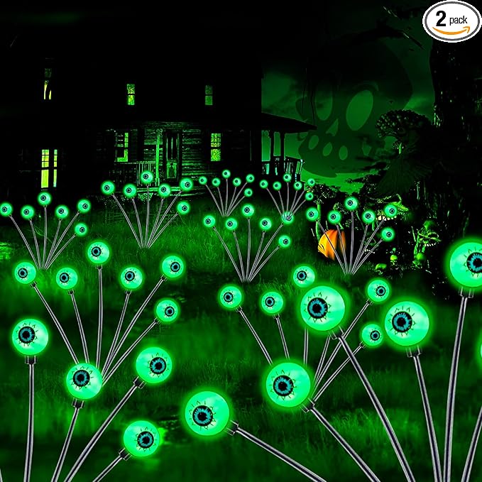 TONULAX Halloween Decorations Outdoor, 2 Pack Upgraded Solar Scary Eyeball Lights with Dual Lighting Modes, Swaying Firefly Lights, Solar Pathway Light for Yard, Garden,Yard Decor, Party (Green)