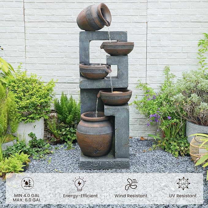 50.4" H Large Garden Fountains Outdoor, 5-Tier Cascading Rustic Style Bowl Water Fountain and Waterfall Feature with Light and Pump for Garden, Patio, Deck, Porch, Home Décor, Gray&Brown