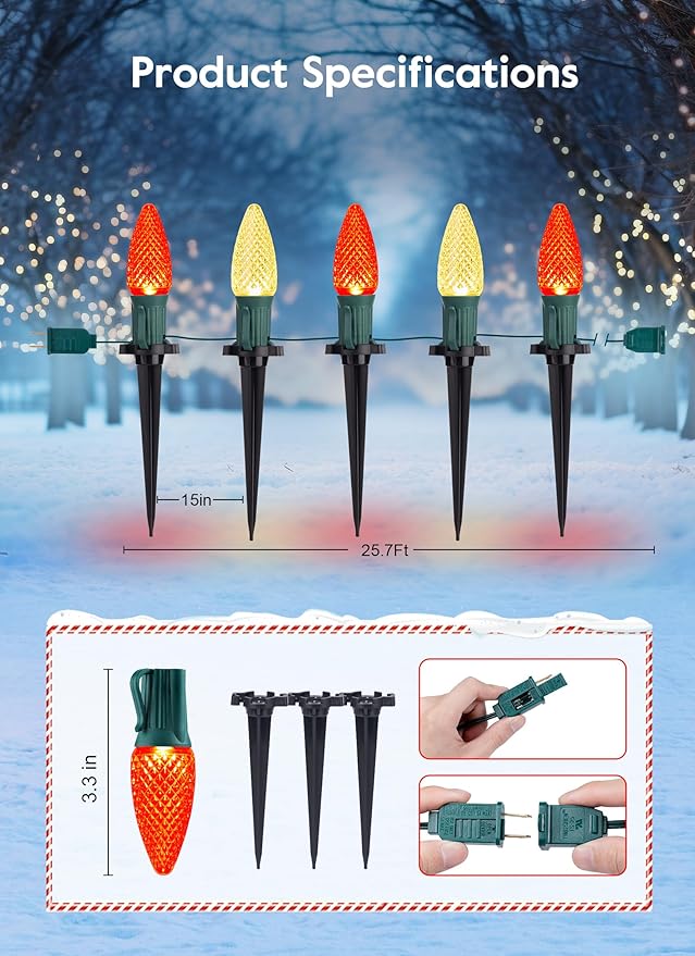 Brightown Strawberry C9 Christmas String Lights Outdoor - 25.7Feet 20 LED Pathway Lights,Connectable C9 Walkway Lights,Waterproof Christmas Lights Outdoor Decoration for Lawn Outside, Red & Warm White