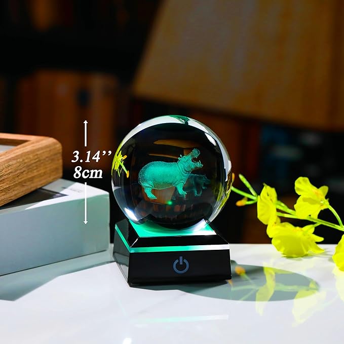 Qianwei Hippopotamus Gifts for Women 3D Crystal Ball 3.14'' - Laser Hippopotamus Decor Glass Animals Hippo Gifts Figurines Statue Stuff for Room Decorations Hippo Night Light