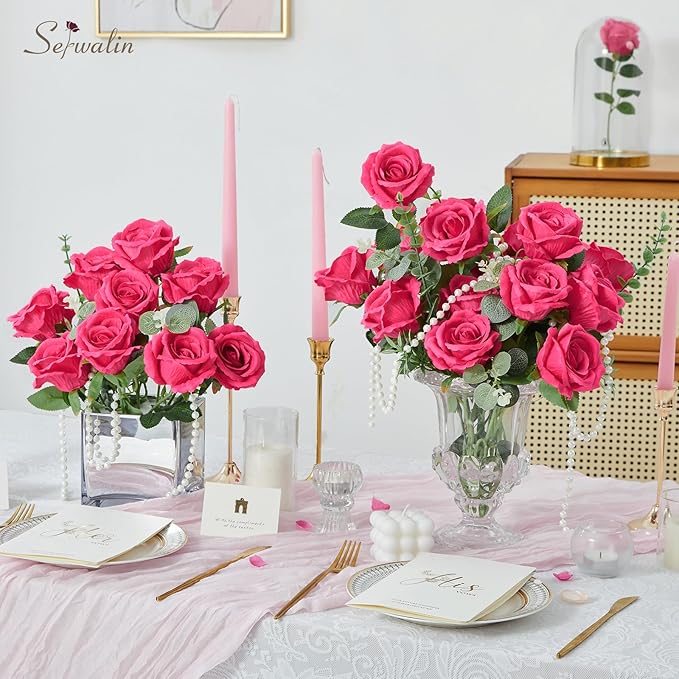 Serwalin 30pcs Artificial Silk Roses Flowers, Hot Pink Artificial Roses with Long Stems Bulk Realistic Fake Roses Flowers for DIY Wedding Bouquet Centerpieces Party Home Table Decor