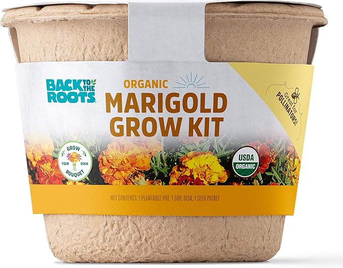Back to the Roots Organic Marigold Flower Grow Kit with Plantable Starting Pot Soil and Seeds