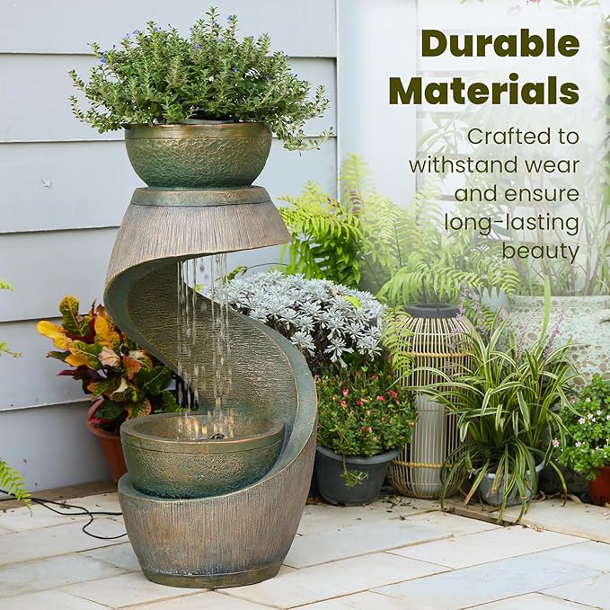 31.9" S-Shaped Water Outdoor Fountain–Modern Cascading Waterfall Feature with LED Lights & Planter Bowl, Garden Fountains Outdoor for Patio, Balcony, Yard or Home Decor, Resin Waterfall, Gold