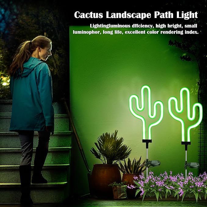 SunKite Cactus Solar Garden Stake Lights - Outdoor Waterproof Neon Lights for Garden, Yard, Lawn, Pathway, Patio, Backyard (2 Pack)