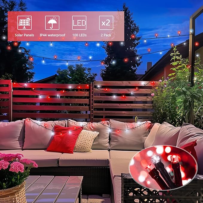 JMEXSUSS 2 Pack Red and White Christmas Lights, Each 100 LED 33ft Solar String Lights Outdoor Waterproof, 8 Modes Green Wire Solar Lights for Outside Tree Garden Patio Party Decoration