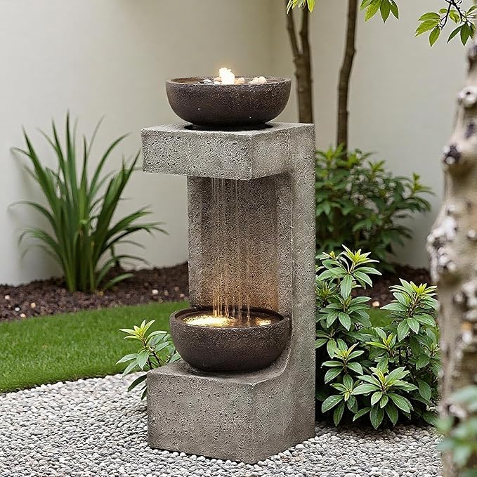 33.9" Waterfall Fountain Outdoor with LED Lights – Modern Rain Curtain Resin Garden Waterfall and Fountains, Bowl Design Outdoor Water Feature for Patio, Porch, Backyard, Lawn & Home Decor