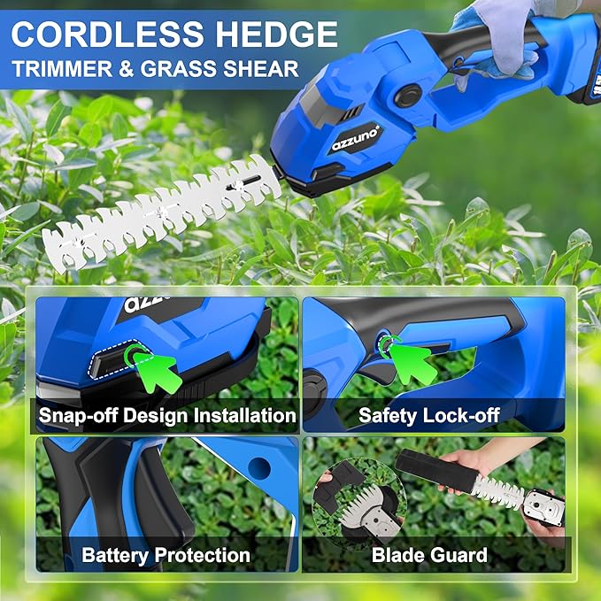 AZZUNO Cordless Hedge Trimmer, 2-in-1 Electric Grass Shears Shrubbery Trimmer with Battery,Handheld Grass Cutter Shrub Trimmer for Gardens, Yards, Lawns, Including Charger (1 Battery)