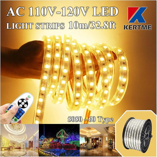 5050-60 Type AC 110-120V LED Strip Lights, Flexible/Waterproof/Dimmable/Multi-Modes LED Rope Light + 23 Keys Remote for Home/Garden/Building Decoration (32.8ft/10m, Warm White 3500K)