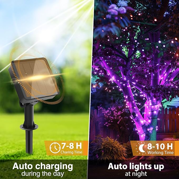 kolpop Purple Solar Fairy Lights Outdoor Waterproof, 3 Pack 32FT 80LED Solar Powered String Light, 8 Modes Copper Wire Solar Twinkle Lighting for Halloween Tree Garden Yard Outside