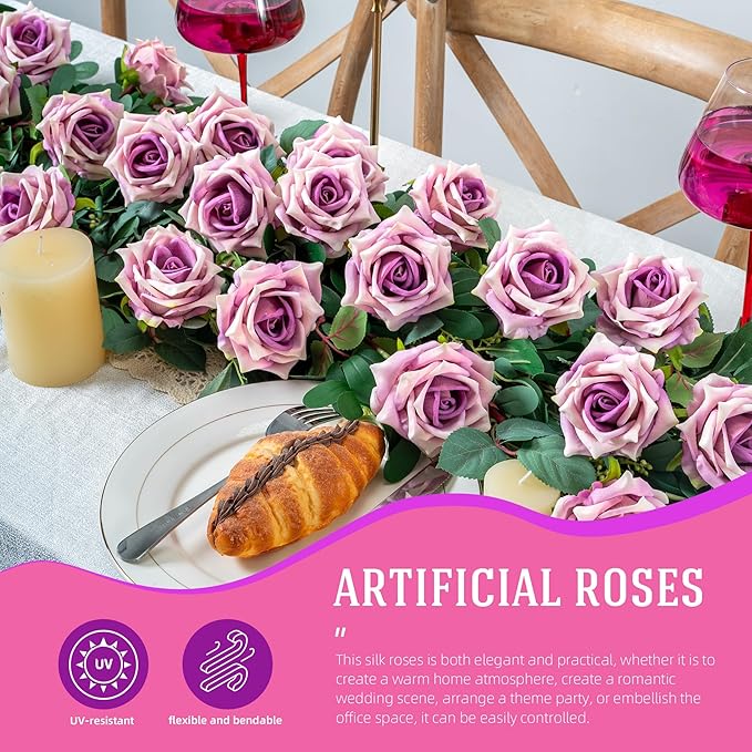 Fake Roses Faux Flowers Silk Roses Artificial Roses with Stems Realistic Artificial Flowers 12PCS Suitable for Indoor Home Decoration DIY Bouquet Wedding Decor Party Decor Purple,16.5In