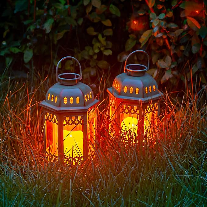 SteadyDoggie Solar Lanterns 2 Pack Green - Hanging Solar Lights with Flickering Candle LED - Retro Ornate Hanging Solar Lantern with Handle