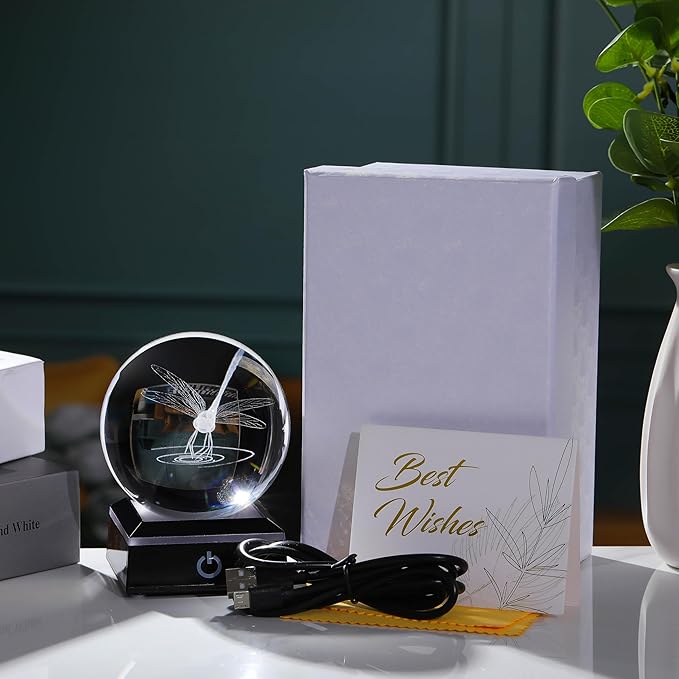 Qianwei Dragonfly Gifts for Women 3D Crystal Ball 3.14'' - Laser Dragonfly Decor Glass Animals Dragonfly Gifts Figurines Statue Stuff for Room Decorations Dragonfly Night Light