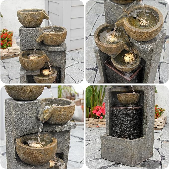 YZM 5-Tier Water Fountain Outdoor Garden Waterfall Fountains Indoor Bowl Cascading Water Feature with Led Lights for Home Deck Patio Porch Yard Decor 37.4" H