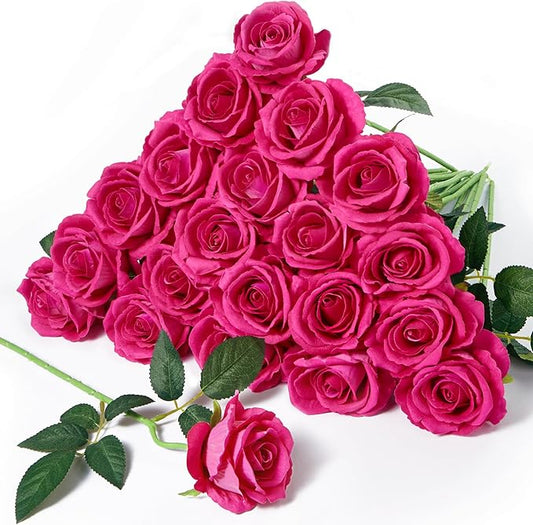 Serwalin 20pcs Artificial Roses, 4'' Big Flower Head, Hot Pink Roses Velvet Real Touch, Silk Fake Roses Long Stem Realistic Bouquet for Wedding Table Centerpiece and Home Decor