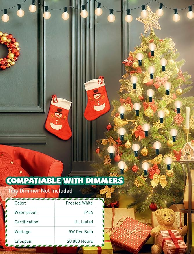 G40 Globe String Lights Outdoor, 25Ft Outdoor Christmas Decoraions Lights with 27 5W Frosted White Lights(2 Spare), Vintage Christmas Light for Garden Party Wedding Backyard Patio, Green Wire