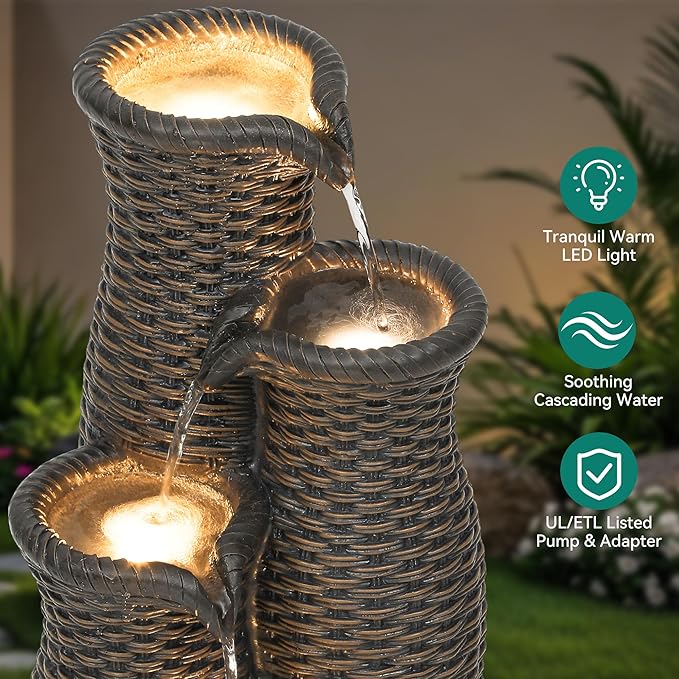 5-Tier Faux Rattan Vase Water Fountain Outdoor with LED Lights, Polyresin Cascading Waterfall Feature, Tranquil Oasis for Garden, Patio, Yard, or Porch