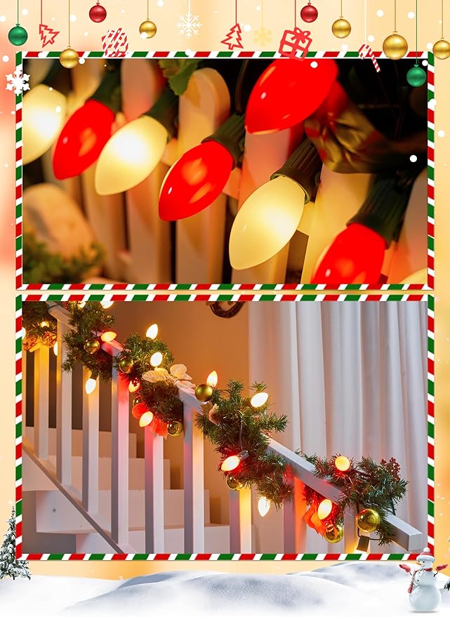 Vintage C9 LED Christmas Lights Outdoor, 50 Feet C9 String Lights with 50 Shatterproof Matte Bulbs, Connectable Waterproof Lights for Holiday Party Roofline Backyard Garden Patio, R & Warm White