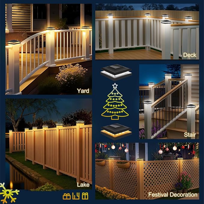 4 Pack Solar Post Cap Light Outdoor Fence Cap Lights 2 Color Modes 24 LEDs for Wooden/Vinyl Post, Waterproof Deck Patio Decoration Fits 5x5, 5.5x5.5 or 6x6 Wooden Posts (3000k/6000k)