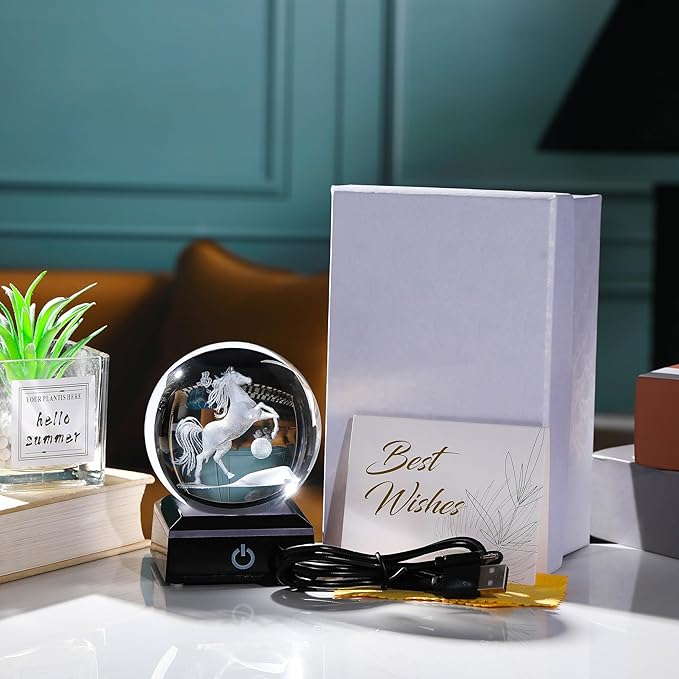 Qianwei Horse Gifts for Women 3D Crystal Ball 3.14'' - Laser Horse Decor Glass Animals Horse Gifts Figurines Statue Stuff for Room Decorations Horse Night Light
