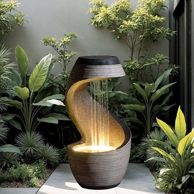 37" Tall S-Shaped Outdoor Waterfall Fountain – Rainfall Water Fountain for Garden, Patio or Backyard Decor, Floor-Standing Resin Garden Fountains Outdoor Water Feature with Flat Top for Plant Display
