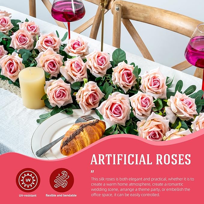 Fake Roses Faux Flowers Silk Roses Artificial Roses with Stems Realistic Artificial Flowers 16.5In Suitable for Indoor Home Decoration DIY Bouquet Wedding Decor Party Decor (12PCS, Pink)