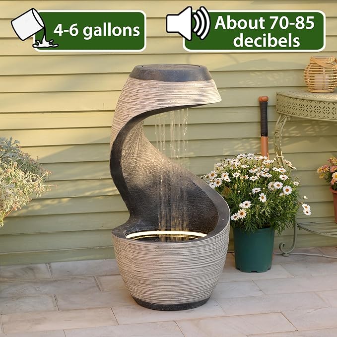37" Tall S-Shaped Outdoor Waterfall Fountain – Rainfall Water Fountain for Garden, Patio or Backyard Decor, Floor-Standing Resin Garden Fountains Outdoor Water Feature with Flat Top for Plant Display