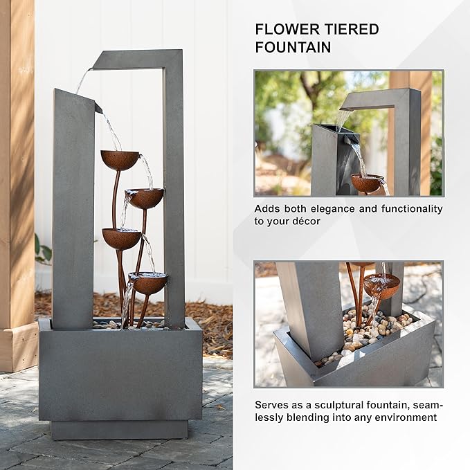 XBrand Sculptural Freestanding Metal Multi-Tiered Water Fountain w/Flowers, No LED Lights, Gray and Bronze, 38" Tall
