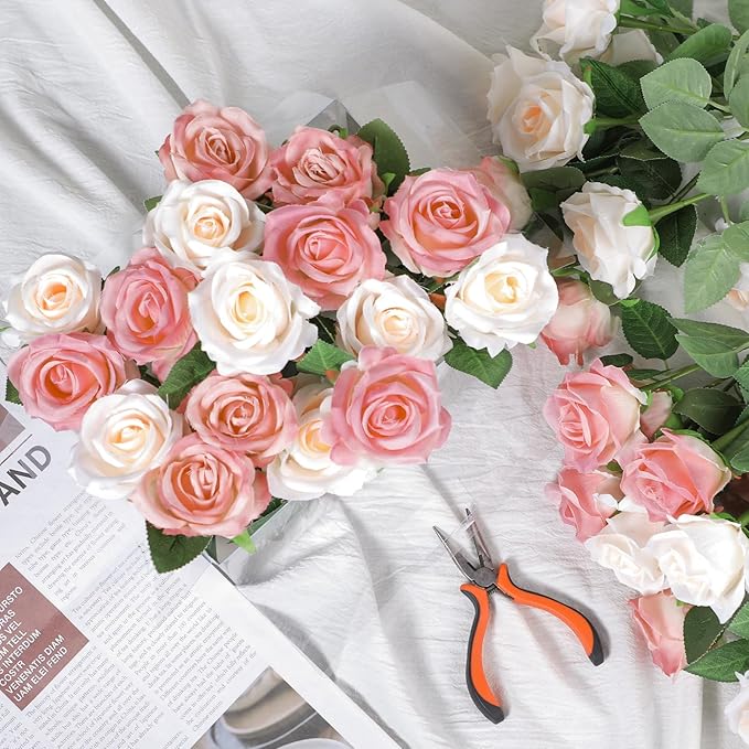 36 Pcs Pink Champagne Rose Artificial Flowers Bulk with Long Stem,Realistic Silk Fake Roses Plastic Roses Bouquet Artificial Flowers for Bridal Wedding Arrangement Table Centerpieces Decor