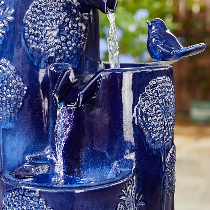 Glitzhome 32" H Outdoor Water Fountain with LED Lights and Pump, 4 Tier Ceramic Cobalt Blue Dandelion Texture Outdoor Fountains and Waterfalls with Cute Birds, for Porch Deck Garden Patio Backyard