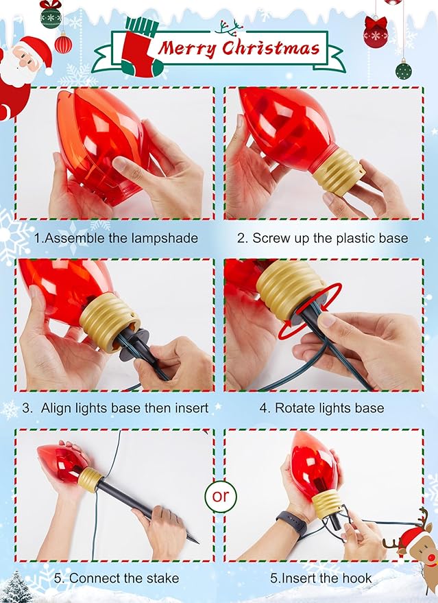 4 Pack Outdoor Christmas Decorations - Jumbo Xmas String Lights or Pathway Marker Lights - Large Multicolored Bulbs Hanging Lights Waterproof Lawn Decoration for Holiday Home Tree Roof Yard Garden