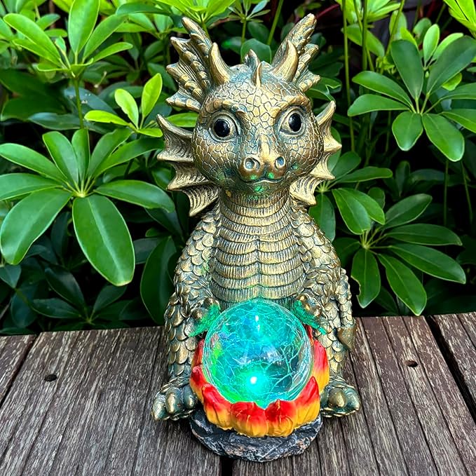 Solar Garden Statue Dragon Figurine with 7-Color Changing Solar Crackle Globe Lights- Loving Dragon for Patio,Balcony,Yard, Lawn-Unique Idea Gifts (Grey)